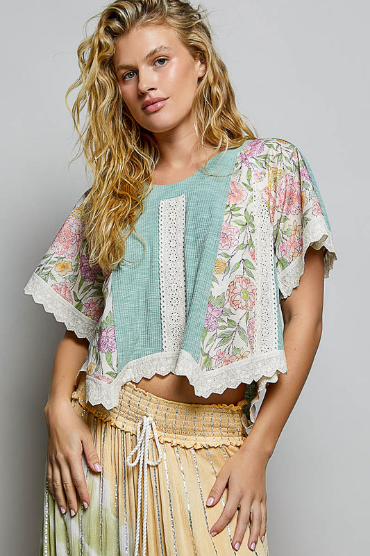 Joseline Short Sleeve Eyelet Floral Top in Teal Sage