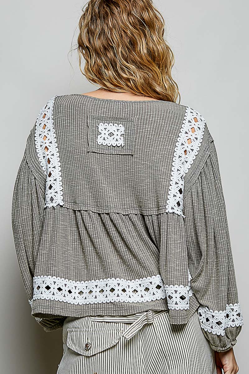 Fiorella Gray Ribbed Crochet Detail Top