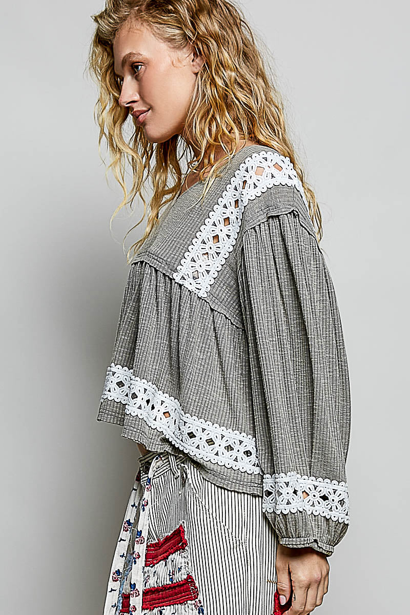 Fiorella Gray Ribbed Crochet Detail Top