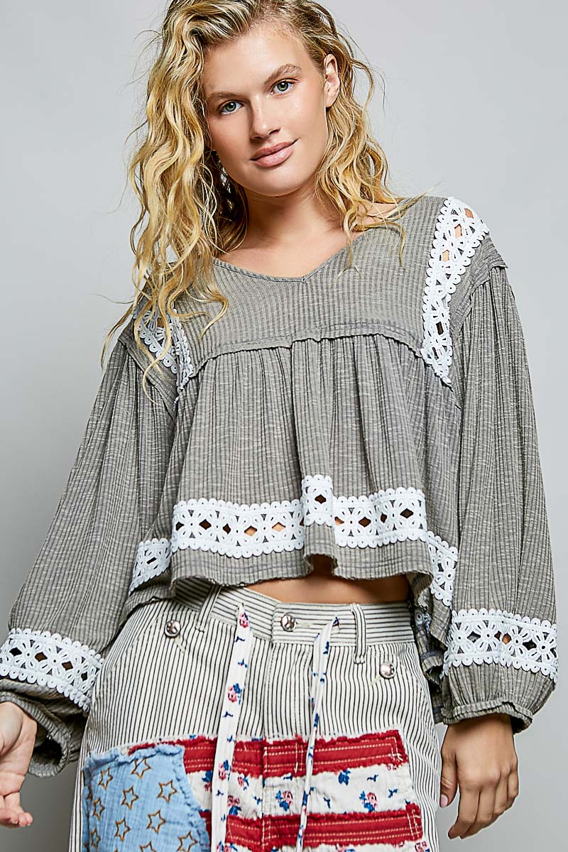 Fiorella Gray Ribbed Crochet Detail Top