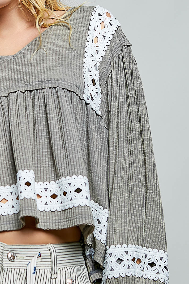Fiorella Gray Ribbed Crochet Detail Top