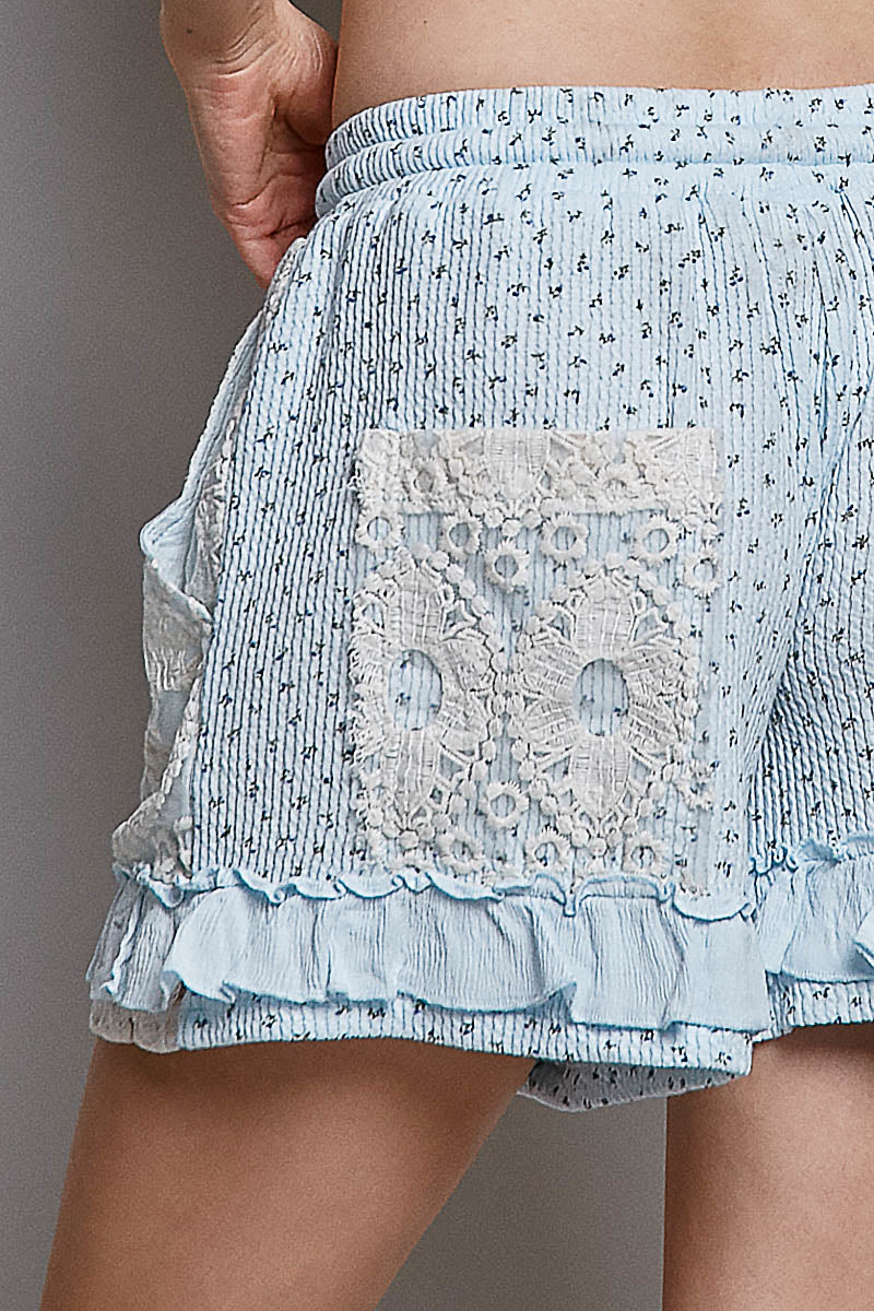 Skye Blue Floral Waffle Knit and Crochet Shorts