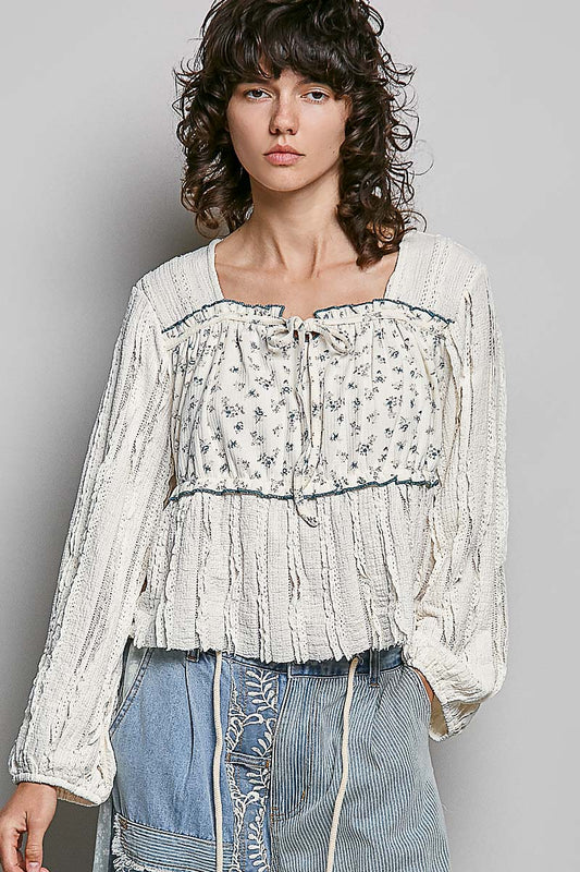Hazel Creme Balloon Sleeve Floral Top