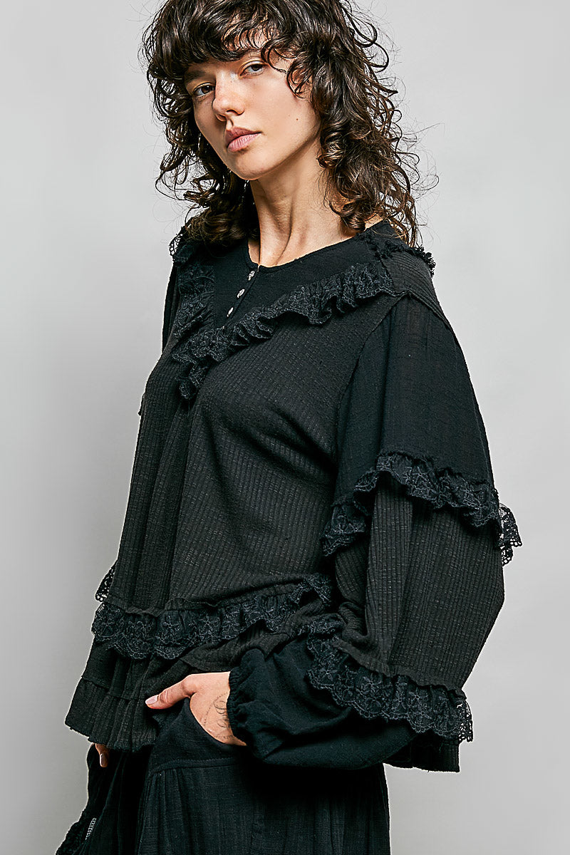 Silvia Black Ribbed Ruffle Top