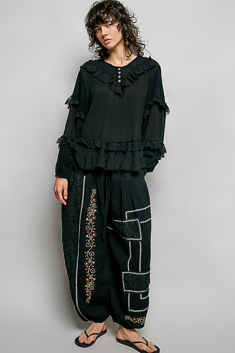 Silvia Black Ribbed Ruffle Top