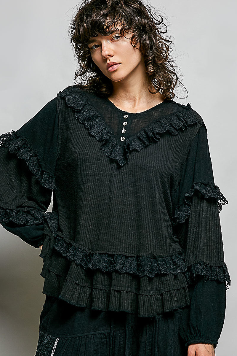 Silvia Black Ribbed Ruffle Top