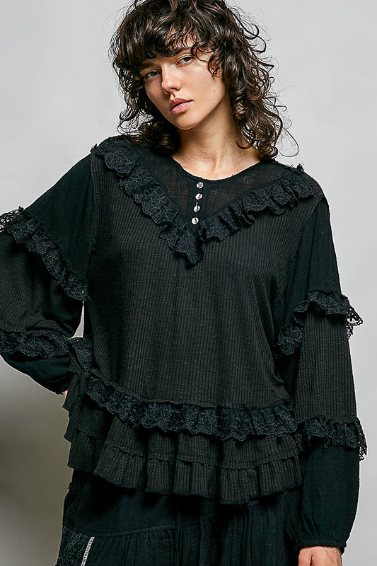 Silvia Black Ribbed Ruffle Top