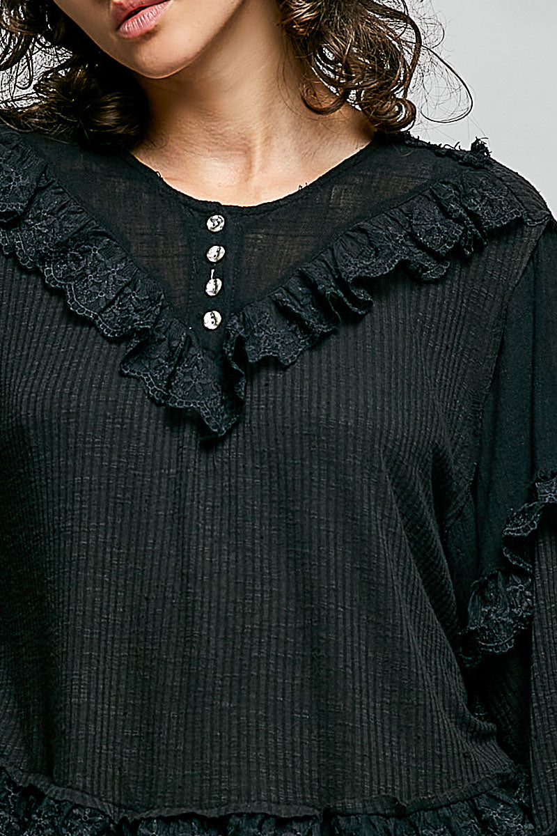 Silvia Black Ribbed Ruffle Top