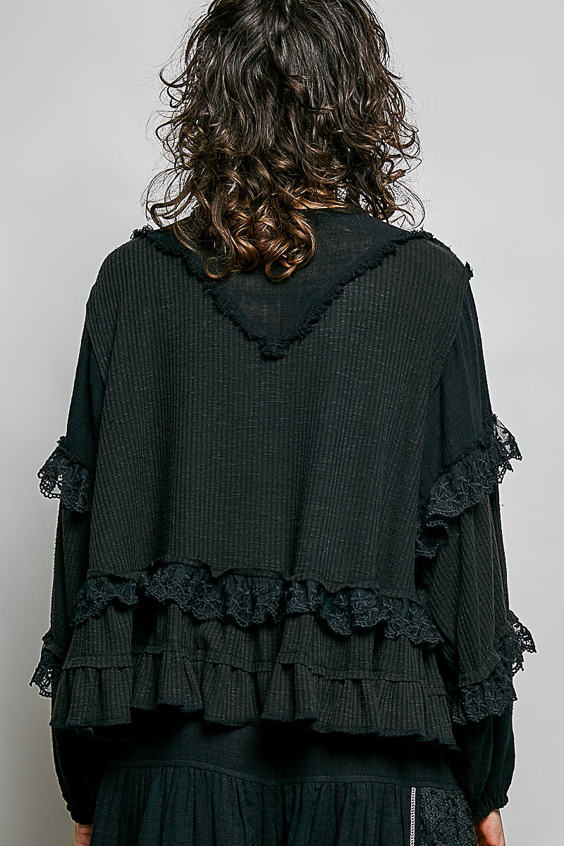 Silvia Black Ribbed Ruffle Top