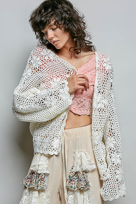 Natasha Crochet Open Knit Cardigan in Cream