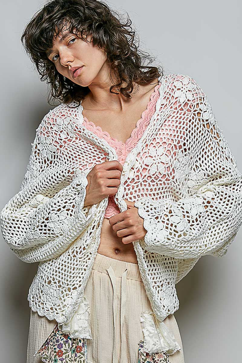 Natasha Crochet Open Knit Cardigan in Cream