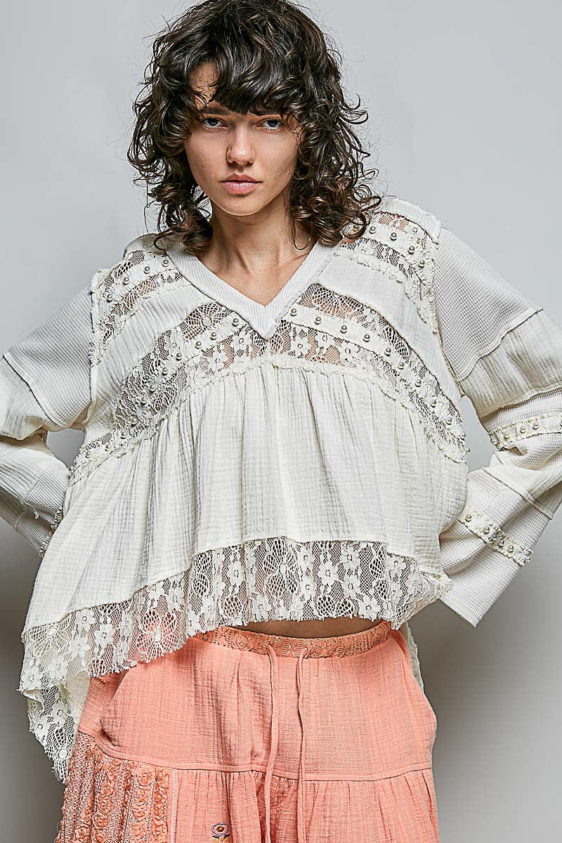 Emma Cream Lace Pearl Studded Top