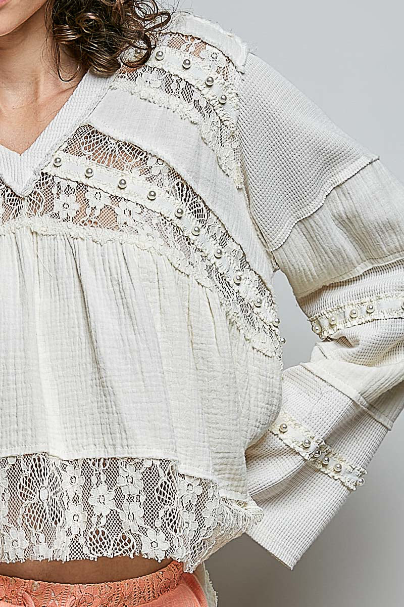 Emma Cream Lace Pearl Studded Top