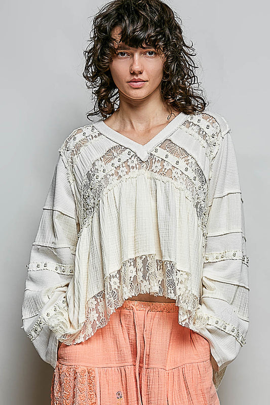 Emma Cream Lace Pearl Studded Top