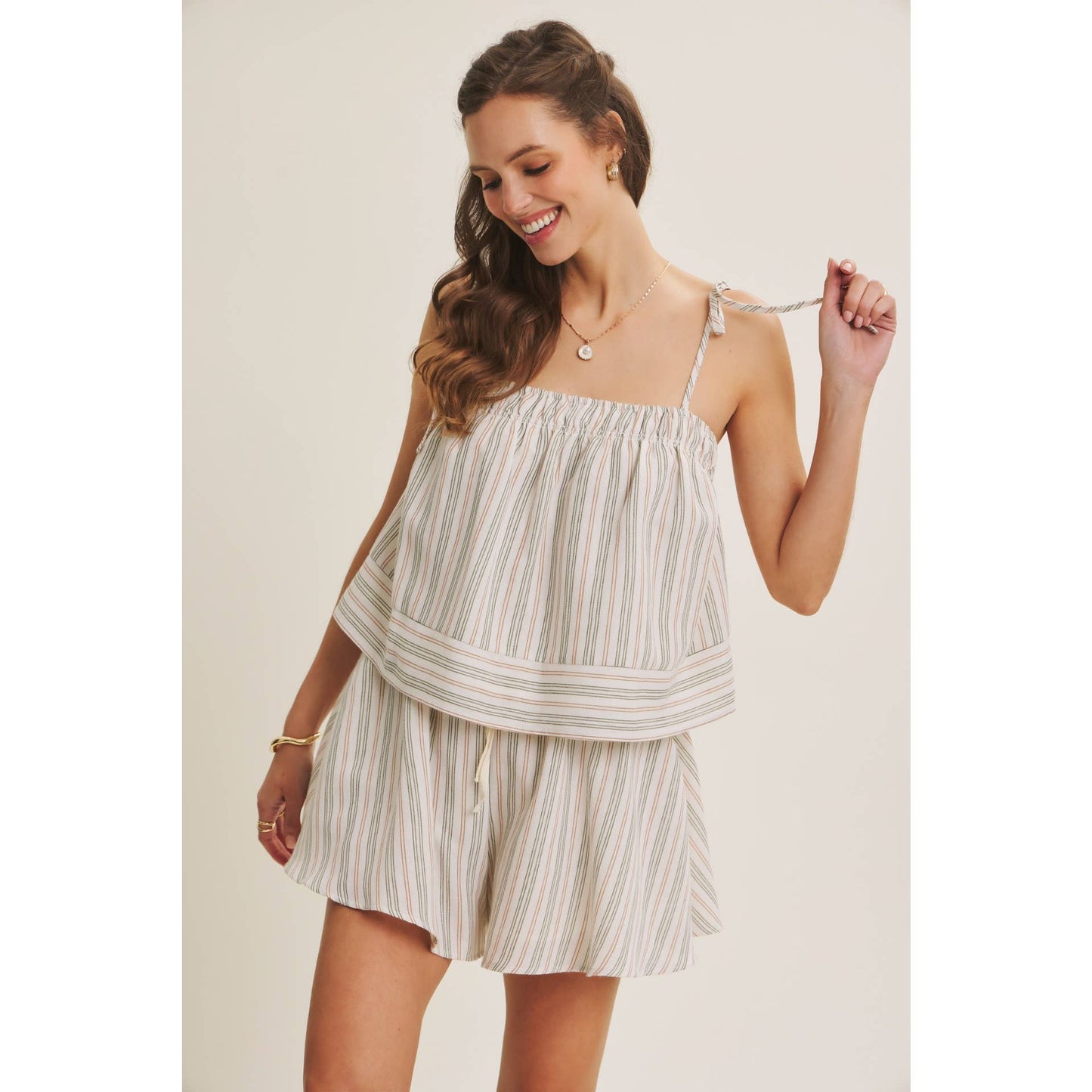 AMALFI EASY WARM SEASON STAPLE STRIPED TIE-STRAP COTTON TOP AND SHORTS SET
