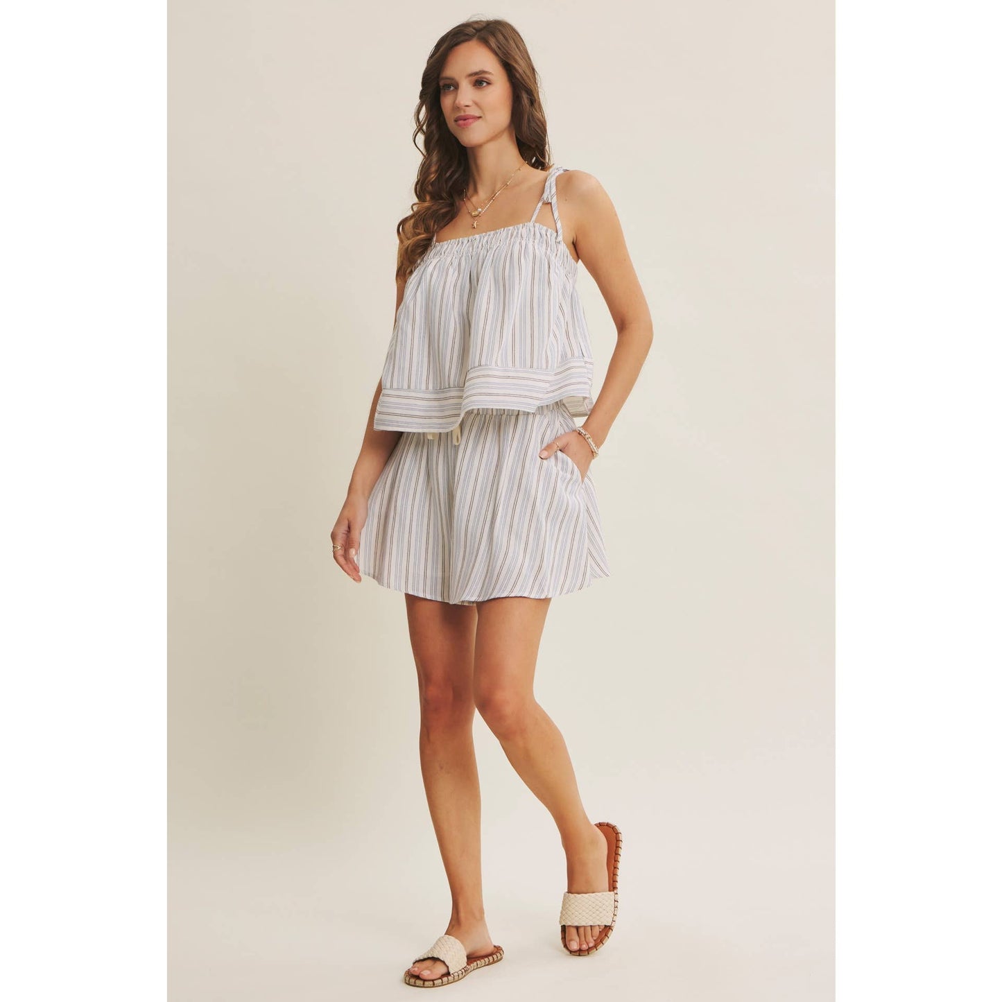 AMALFI EASY WARM SEASON STAPLE STRIPED TIE-STRAP COTTON TOP AND SHORTS SET