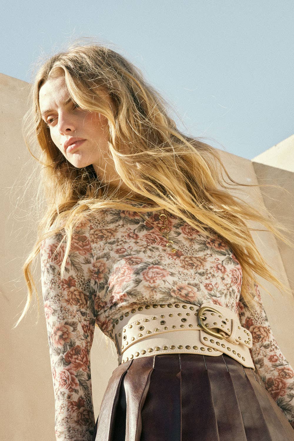 Floral-Print Mesh Thumbhole Mock-Neck Top