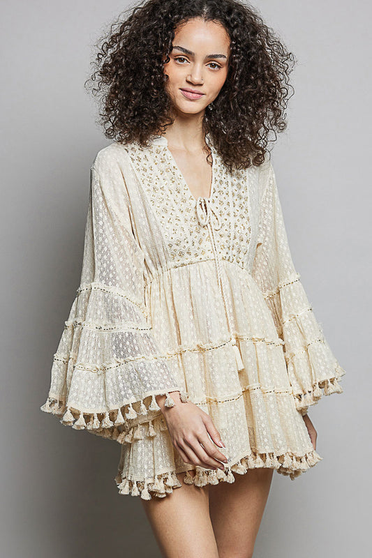 Ophelia Bell Sleeve Tassel Dress in Natural