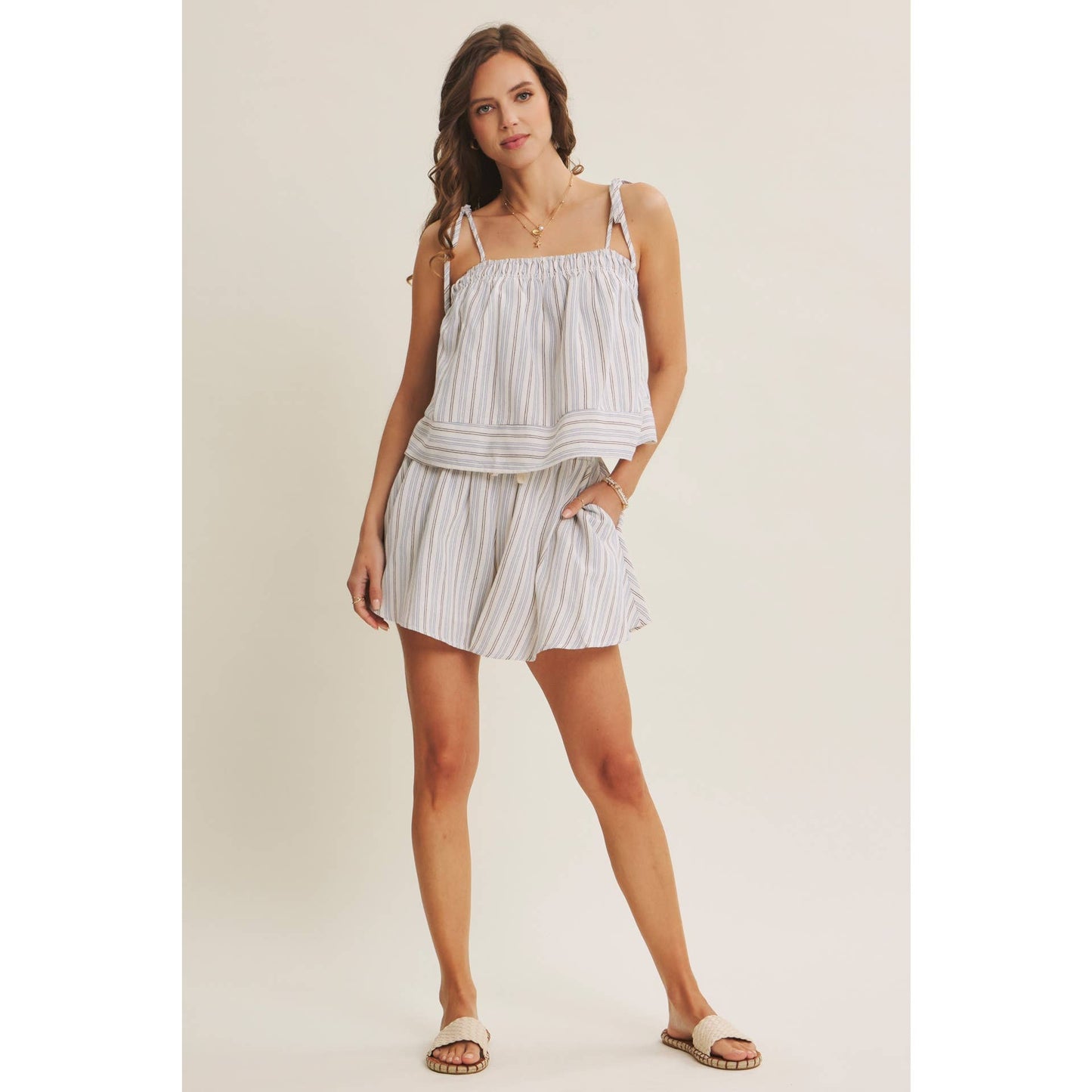 AMALFI EASY WARM SEASON STAPLE STRIPED TIE-STRAP COTTON TOP AND SHORTS SET