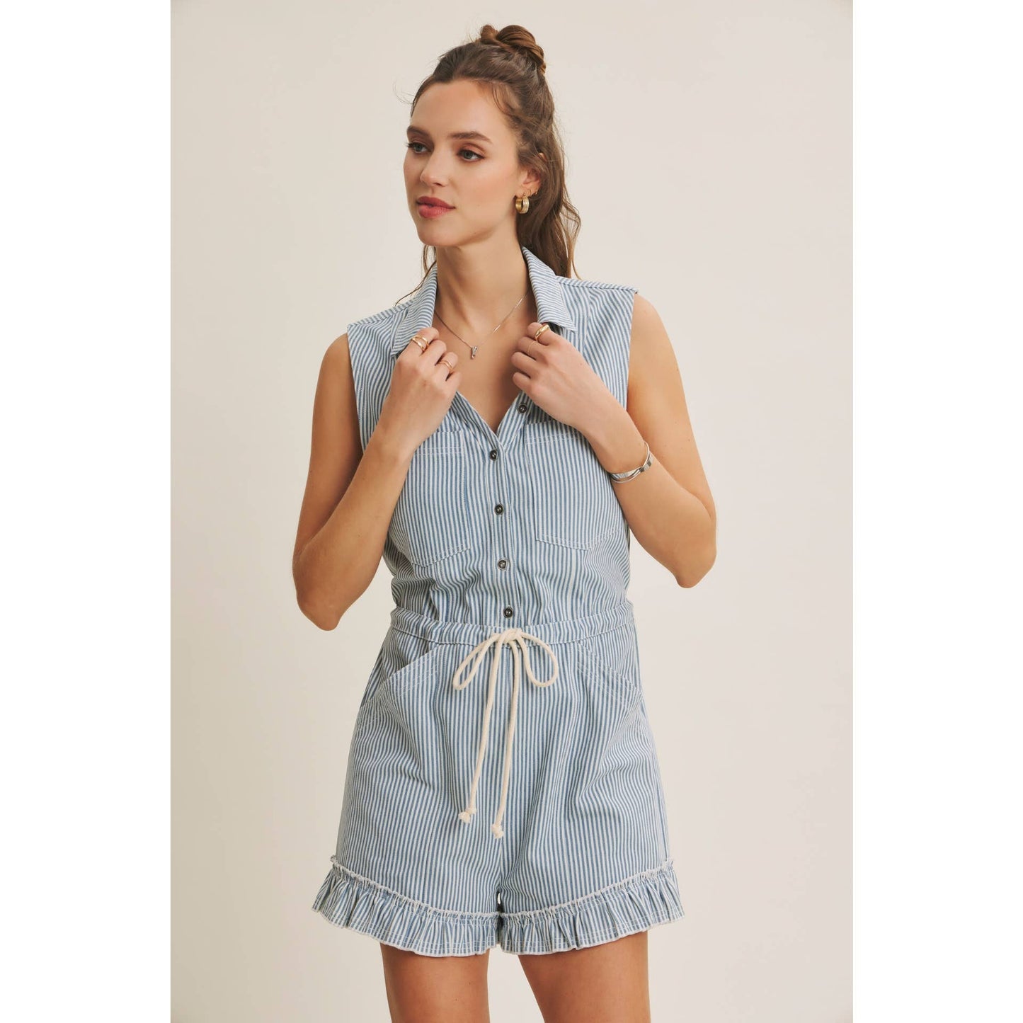 ACAPULCO SUN-FILLED DAYS BREEZY COTTON STRIPE BUTTON-FRONT ROMPER