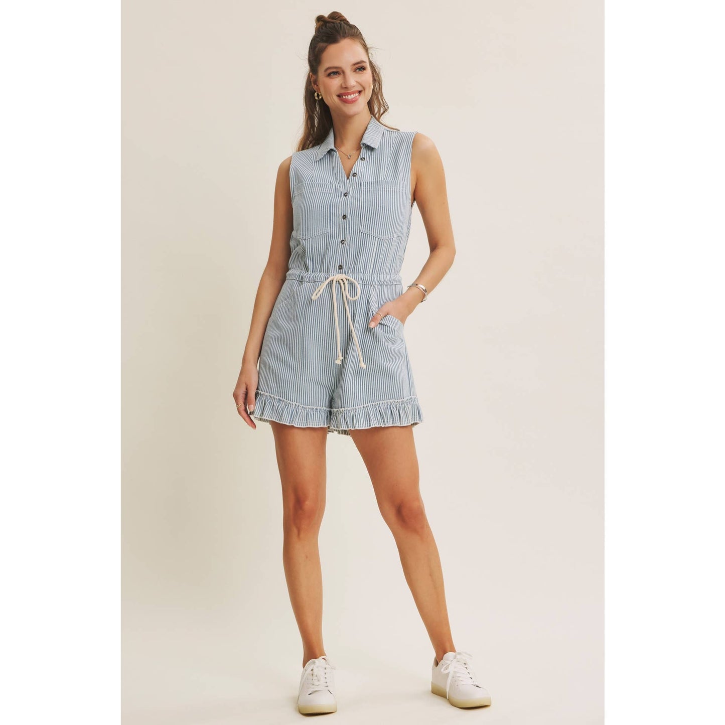 ACAPULCO SUN-FILLED DAYS BREEZY COTTON STRIPE BUTTON-FRONT ROMPER