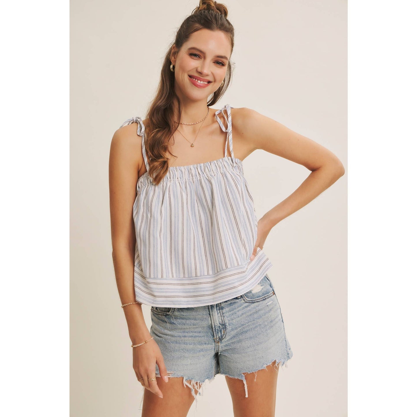 AMALFI EASY WARM SEASON STAPLE STRIPED TIE-STRAP COTTON TOP AND SHORTS SET