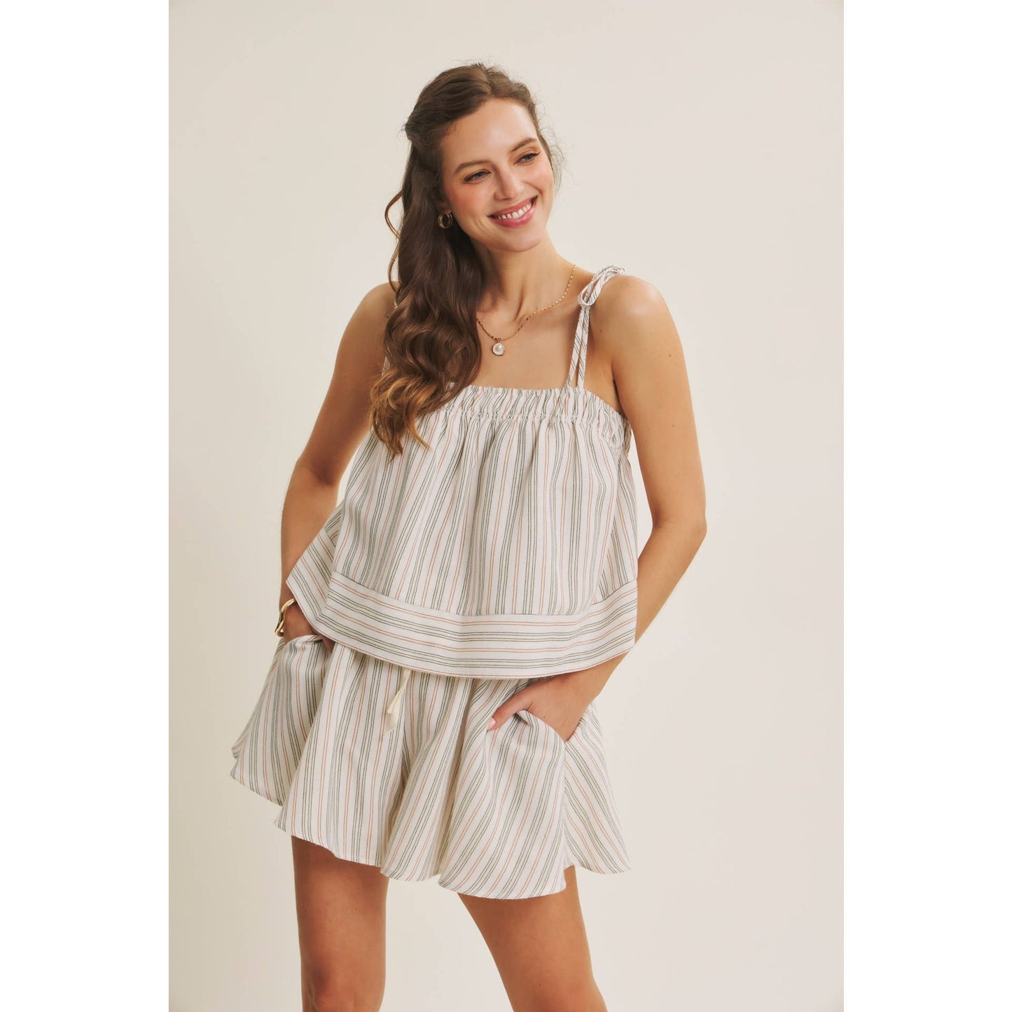 AMALFI EASY WARM SEASON STAPLE STRIPED TIE-STRAP COTTON TOP AND SHORTS SET