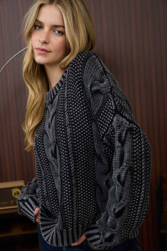 WASHED CABLE KNIT PULLOVER SWEATER