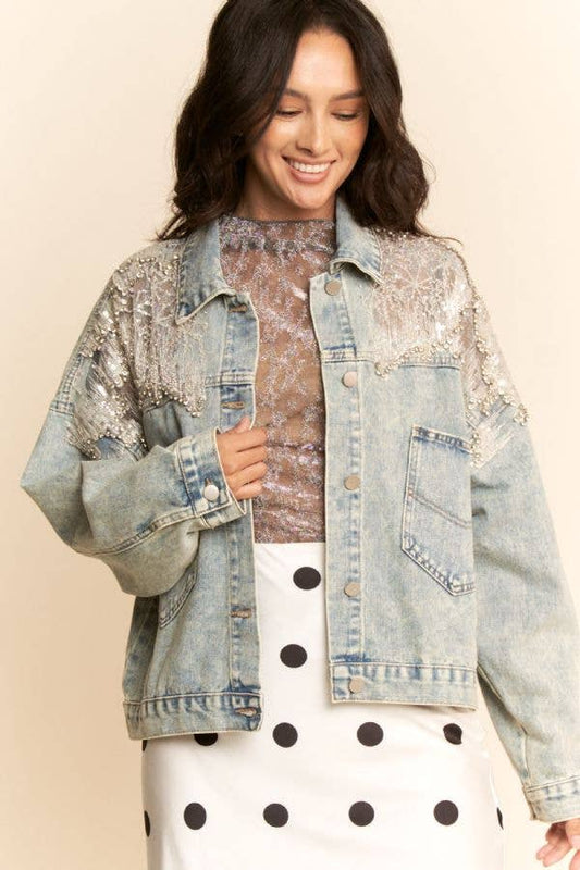 KATE MESH STITCHING BUTTON DOWN DENIM JACKET