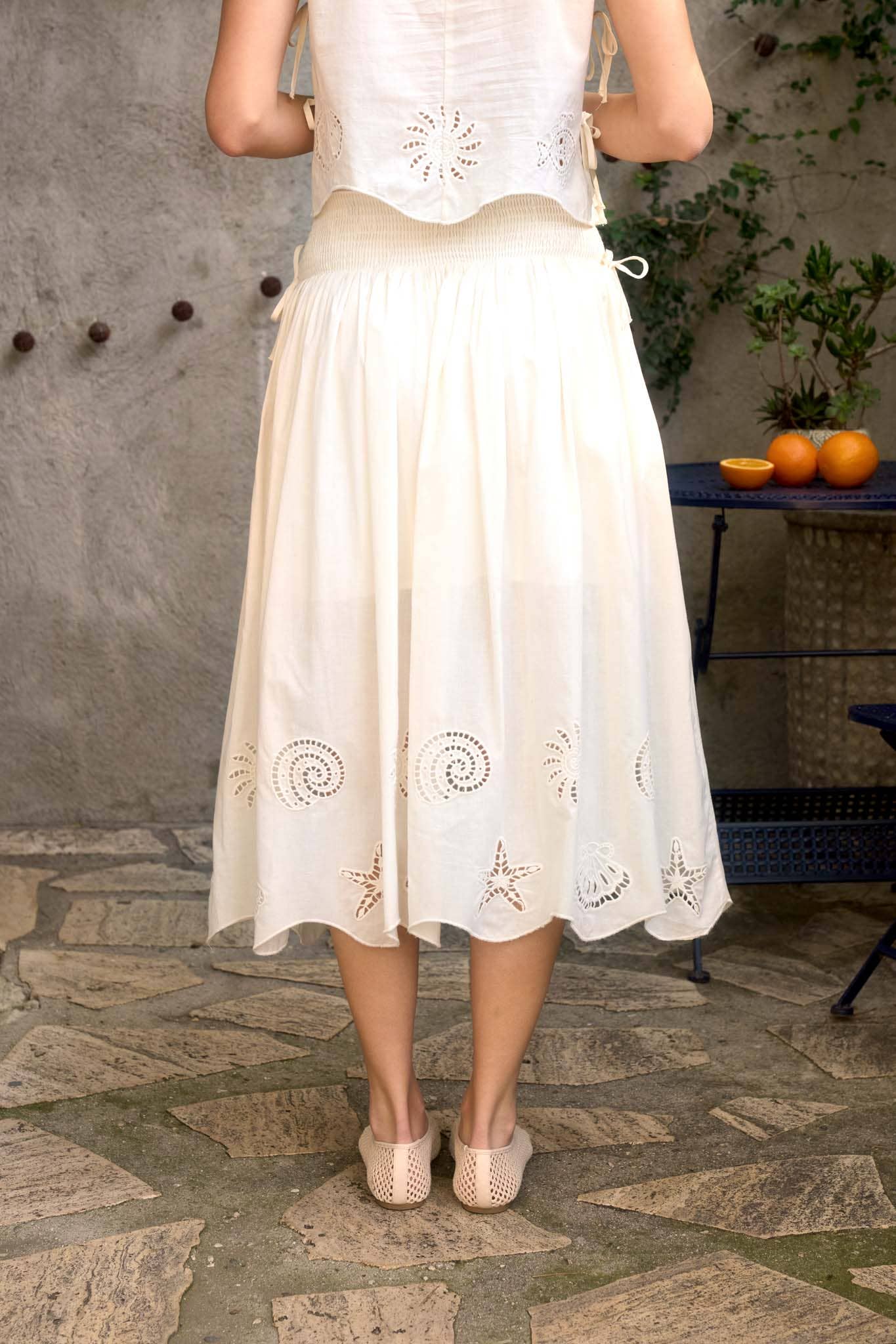 ARUBA NAUTICAL EYELET SIDE TIE DETAIL SLEEVELESS TOP AND MIDI SKIRT SET