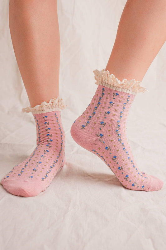 SC10048C-Lace Trim Detail Floral Printed Crew Socks
