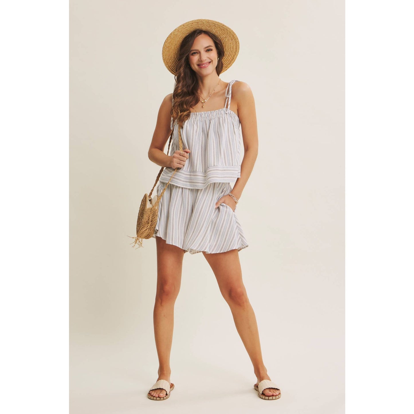 AMALFI EASY WARM SEASON STAPLE STRIPED TIE-STRAP COTTON TOP AND SHORTS SET