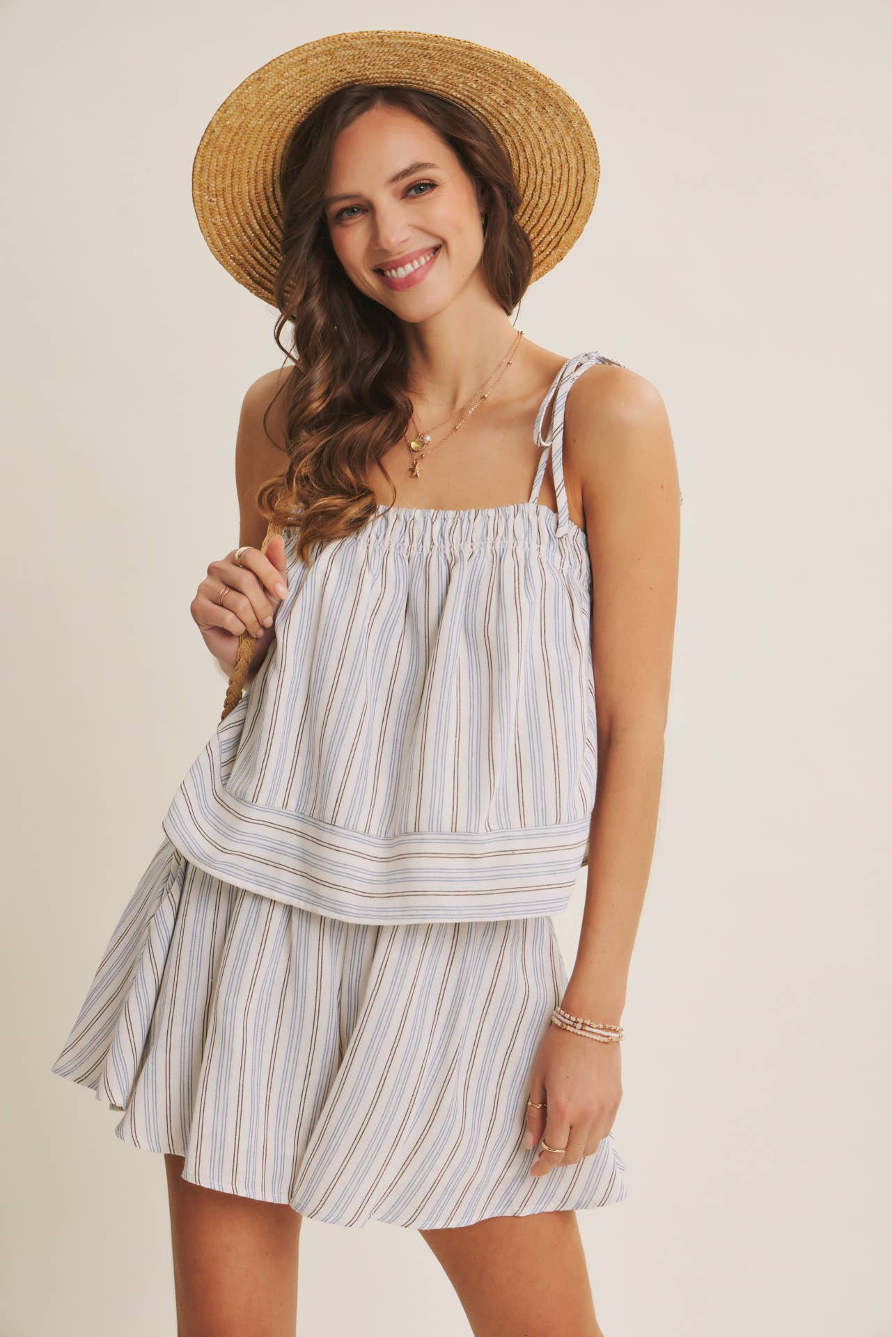 AMALFI EASY WARM SEASON STAPLE STRIPED TIE-STRAP COTTON TOP AND SHORTS SET