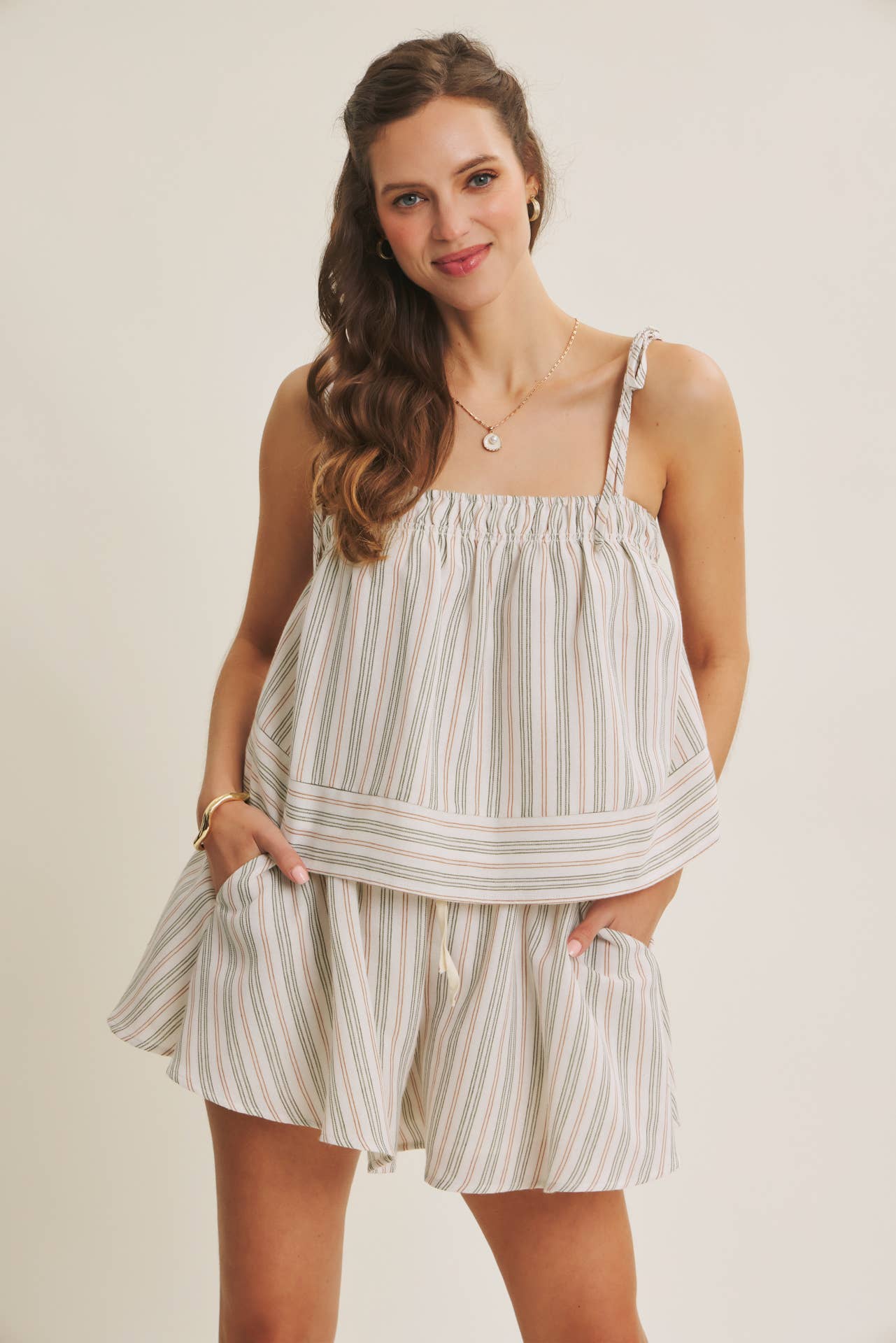 AMALFI EASY WARM SEASON STAPLE STRIPED TIE-STRAP COTTON TOP AND SHORTS SET