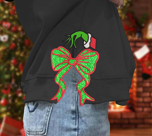 Cute Grinchmas Bow, Embroidered Side Bow Sweatshirt