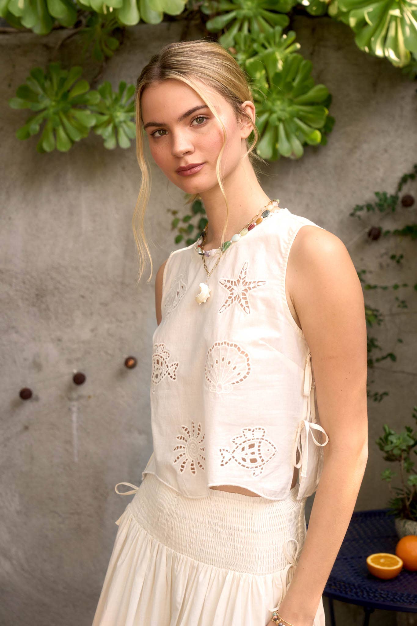 ARUBA NAUTICAL EYELET SIDE TIE DETAIL SLEEVELESS TOP AND MIDI SKIRT SET