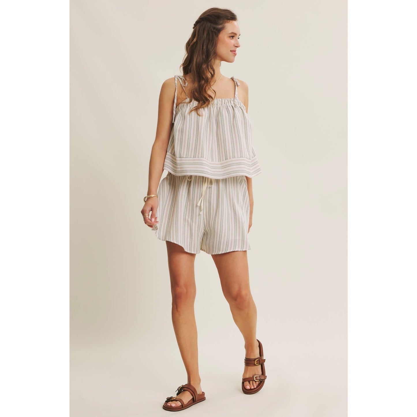 AMALFI EASY WARM SEASON STAPLE STRIPED TIE-STRAP COTTON TOP AND SHORTS SET