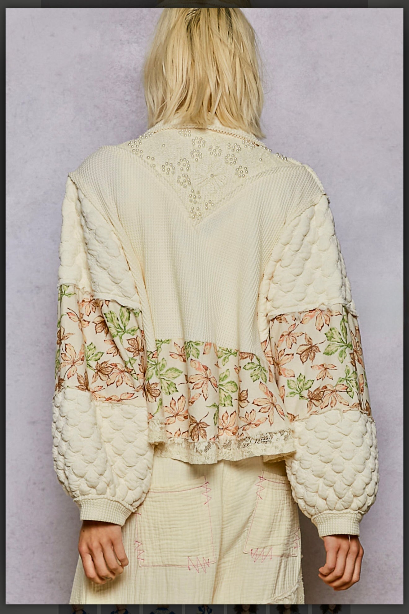 POL Top with embroidery and waffle knit texture- Powder Cream