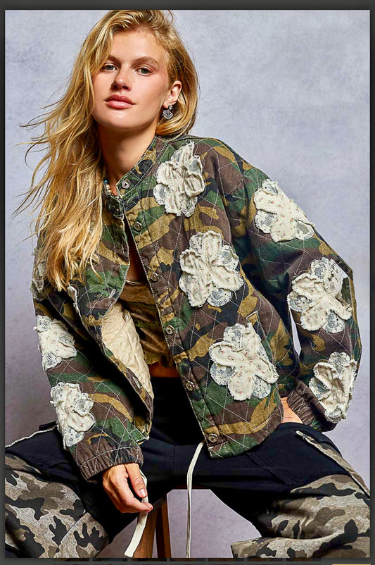 POL Olive Camouflage Jacket with Floral Appliqués