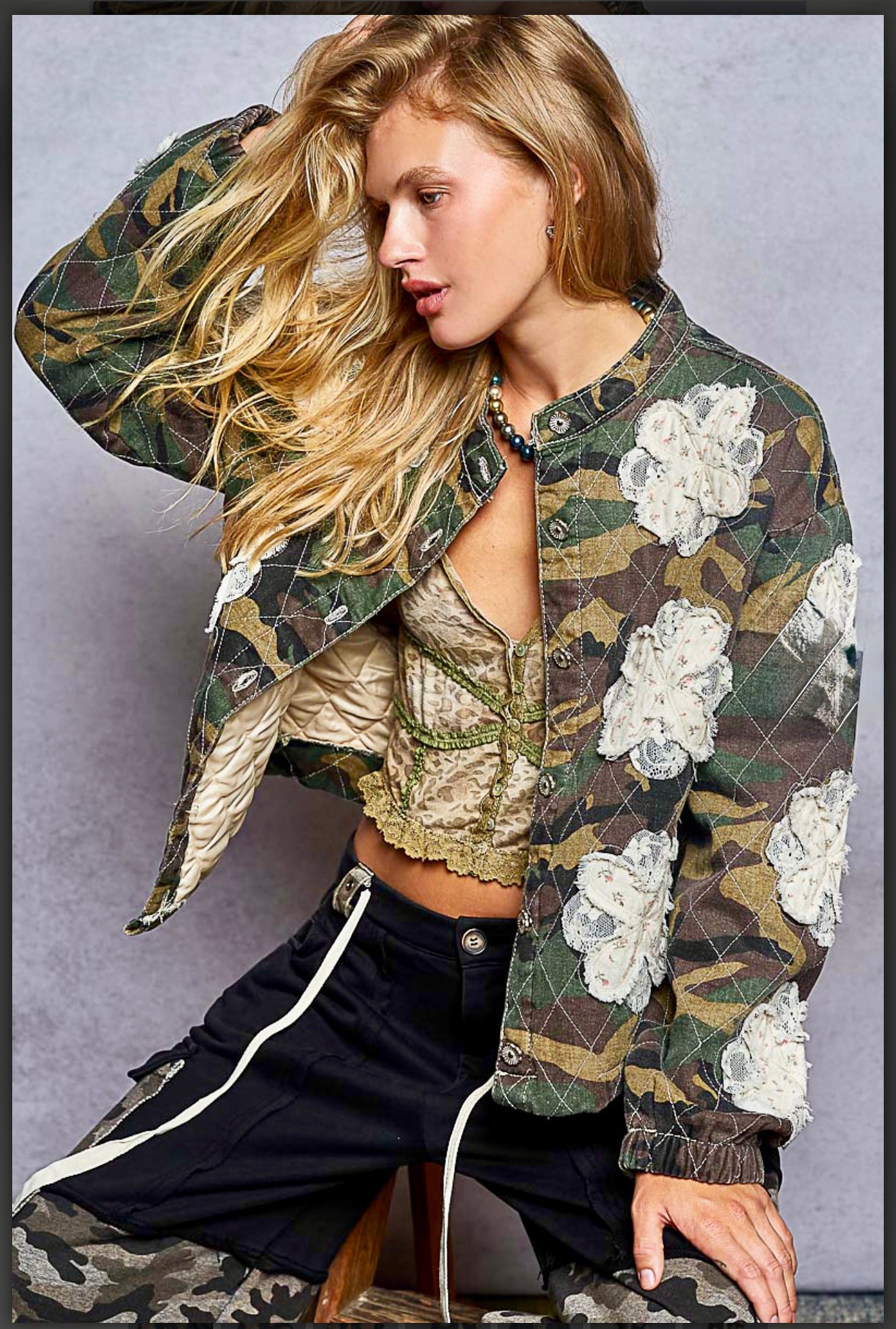 POL Olive Camouflage Jacket with Floral Appliqués