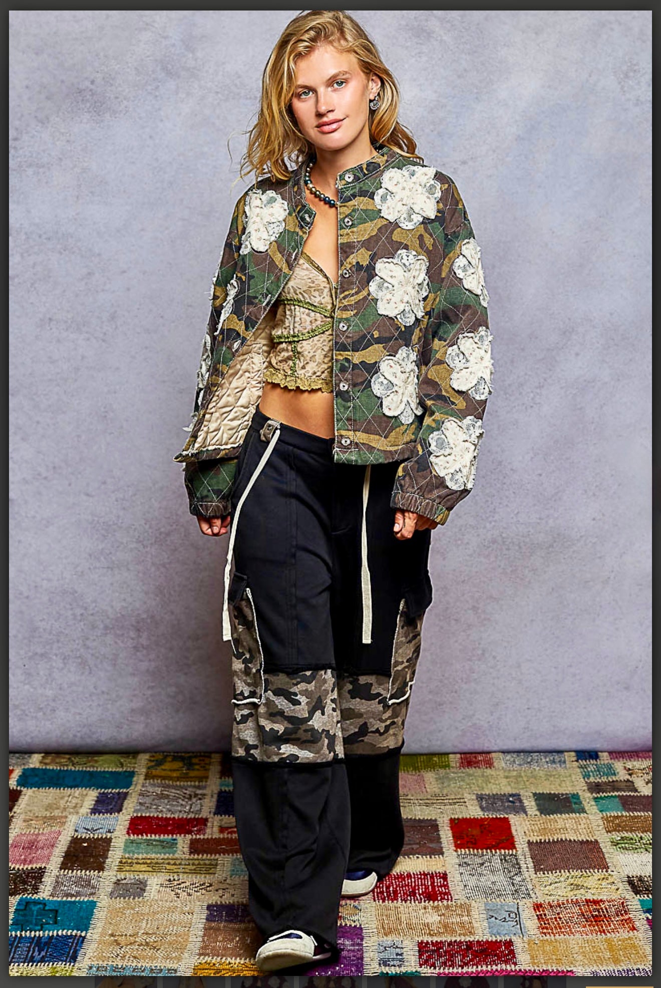 POL Olive Camouflage Jacket with Floral Appliqués