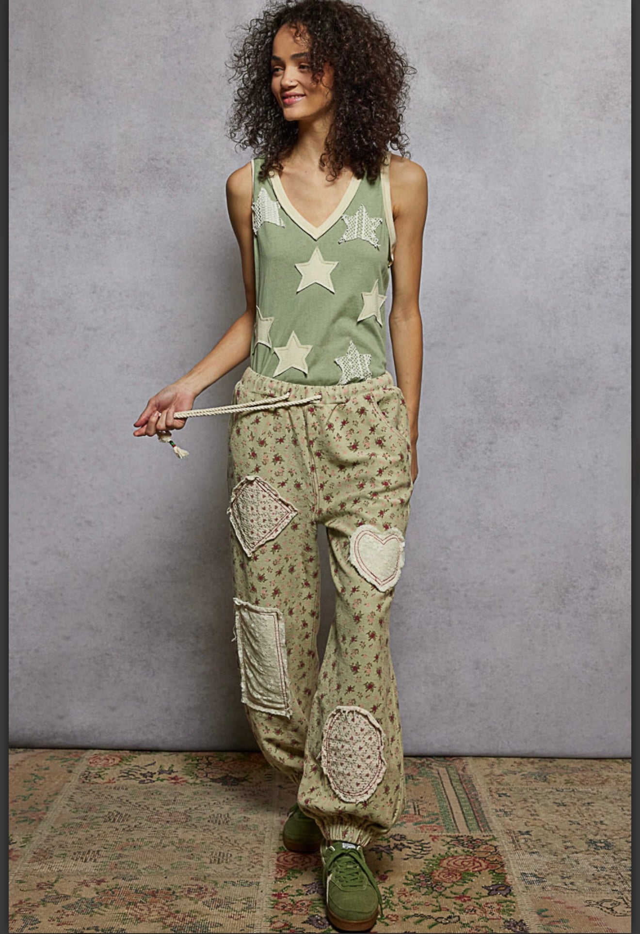 Alexandra Sage Green Floral Patch Jogger Pants