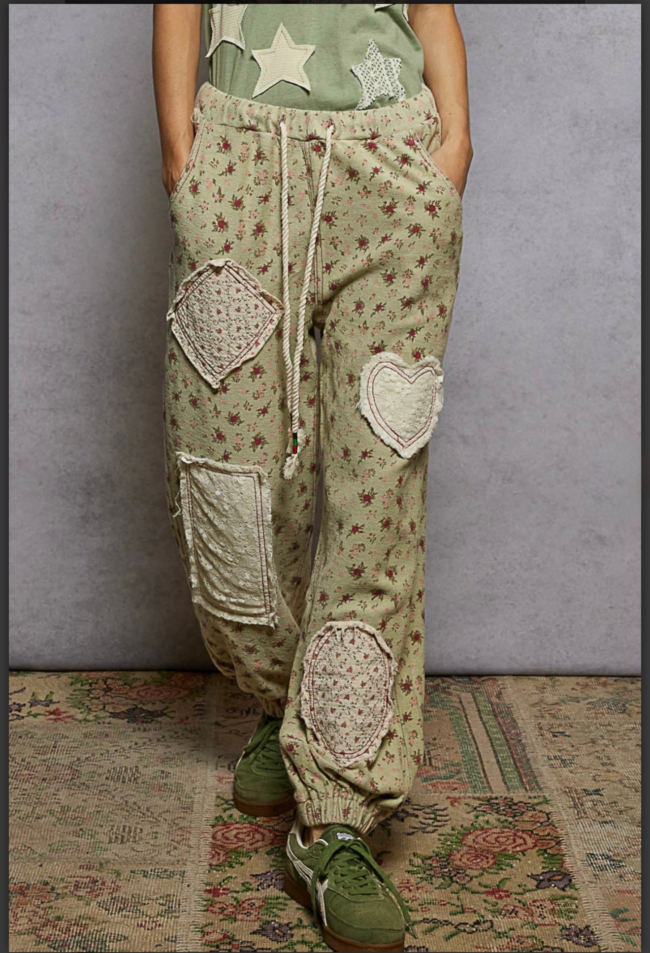 Alexandra Sage Green Floral Patch Jogger Pants
