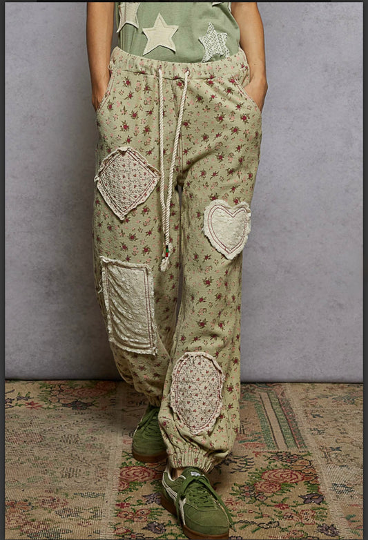 Alexandra Sage Green Floral Patch Jogger Pants