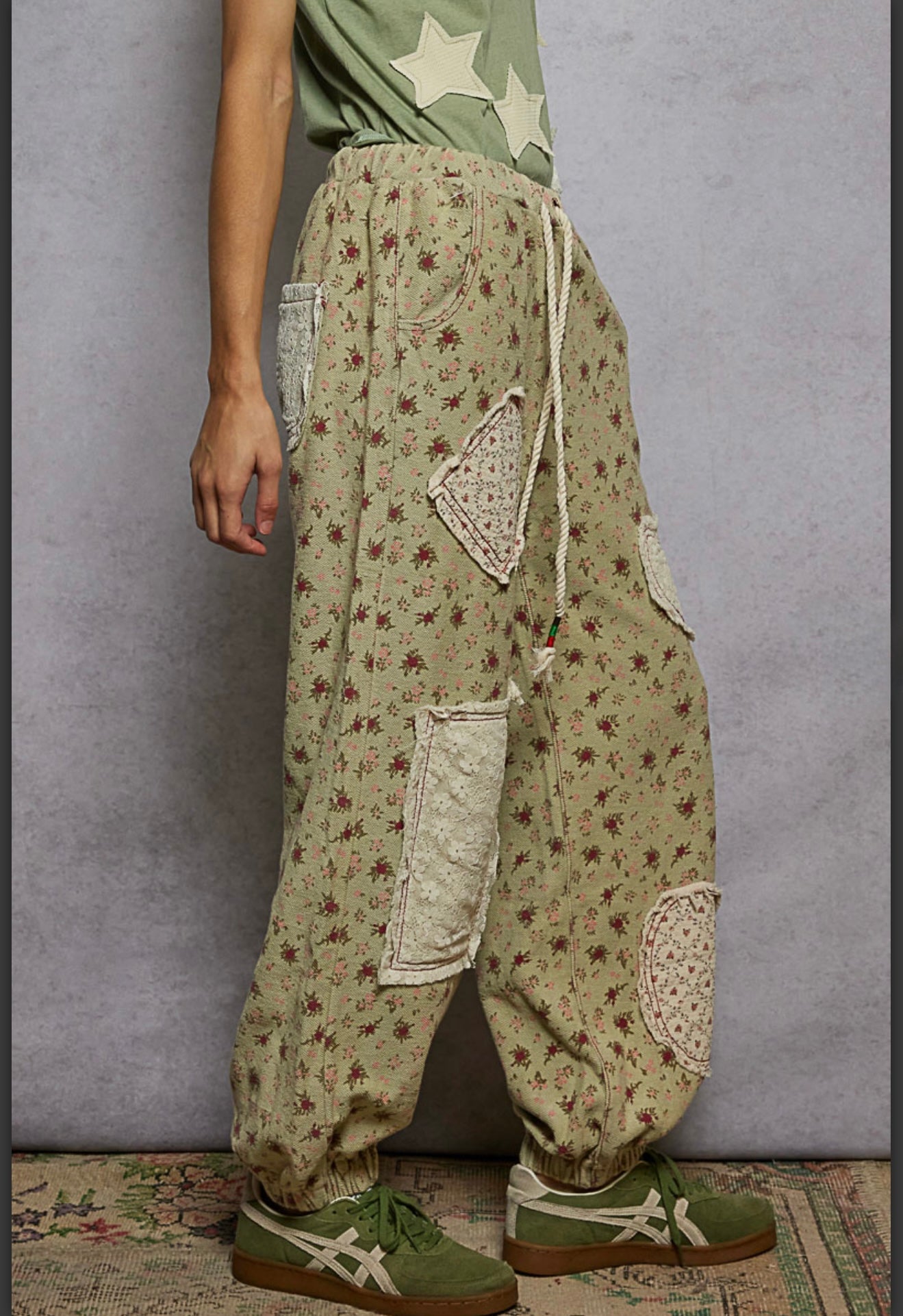 Alexandra Sage Green Floral Patch Jogger Pants