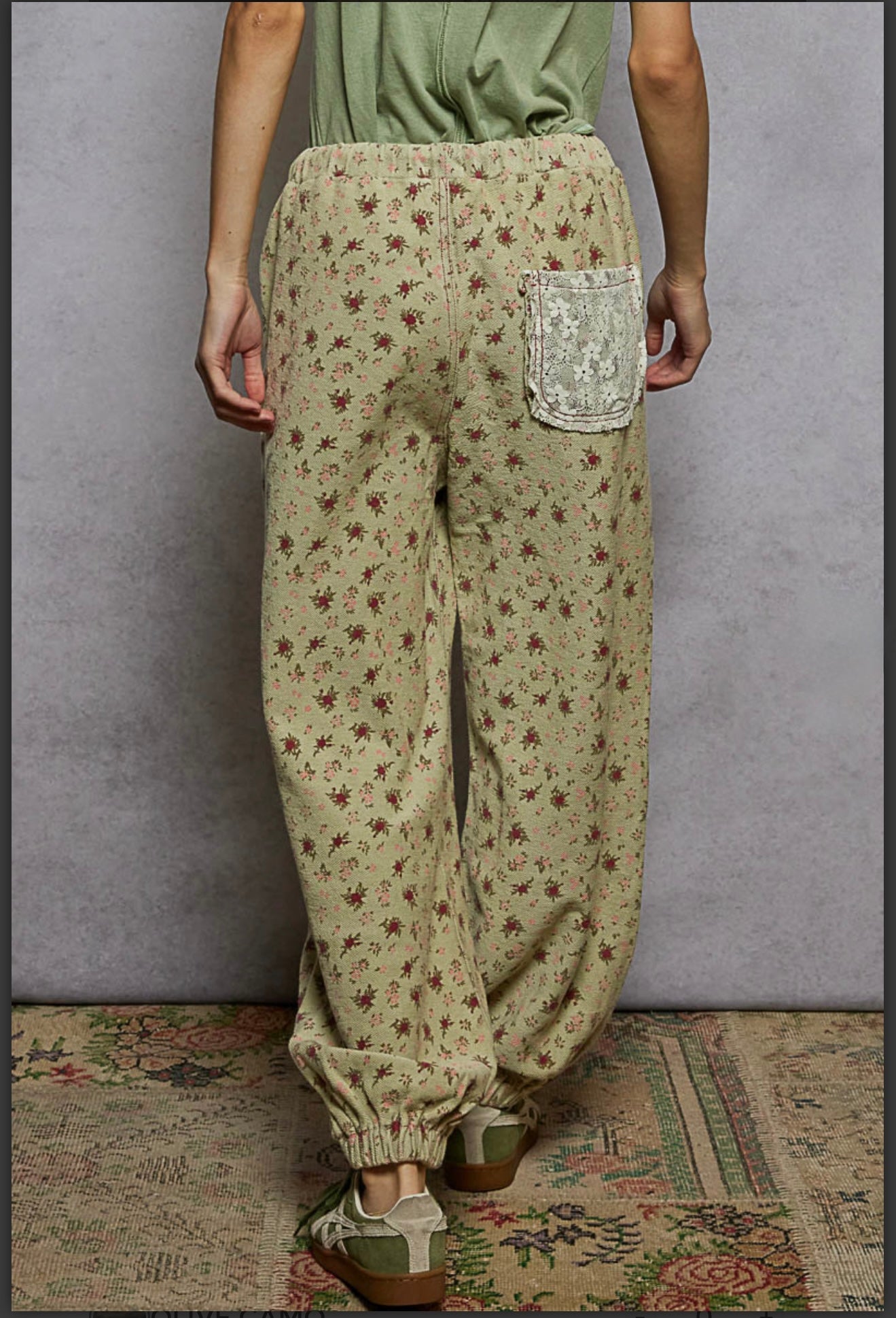 Alexandra Sage Green Floral Patch Jogger Pants