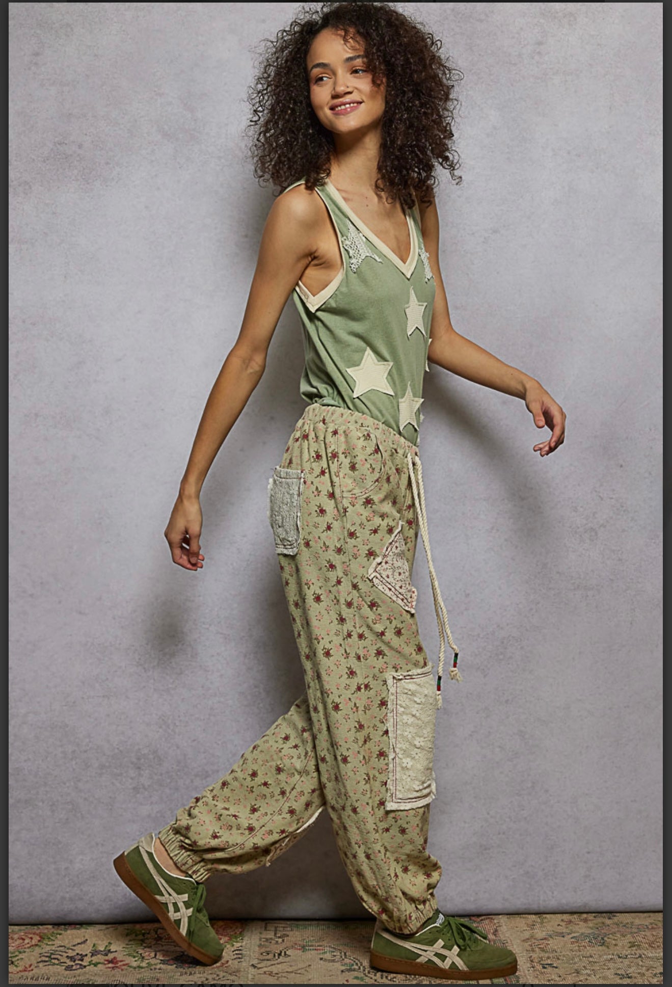 Alexandra Sage Green Floral Patch Jogger Pants