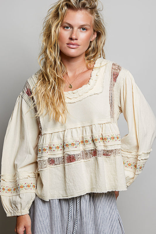 Lisa Tiered Ruffle Lace Top in Natural
