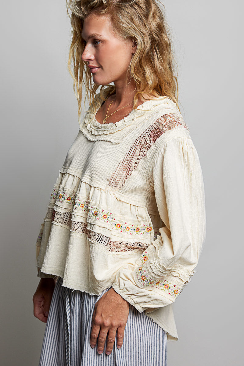 Lisa Tiered Ruffle Lace Top in Natural