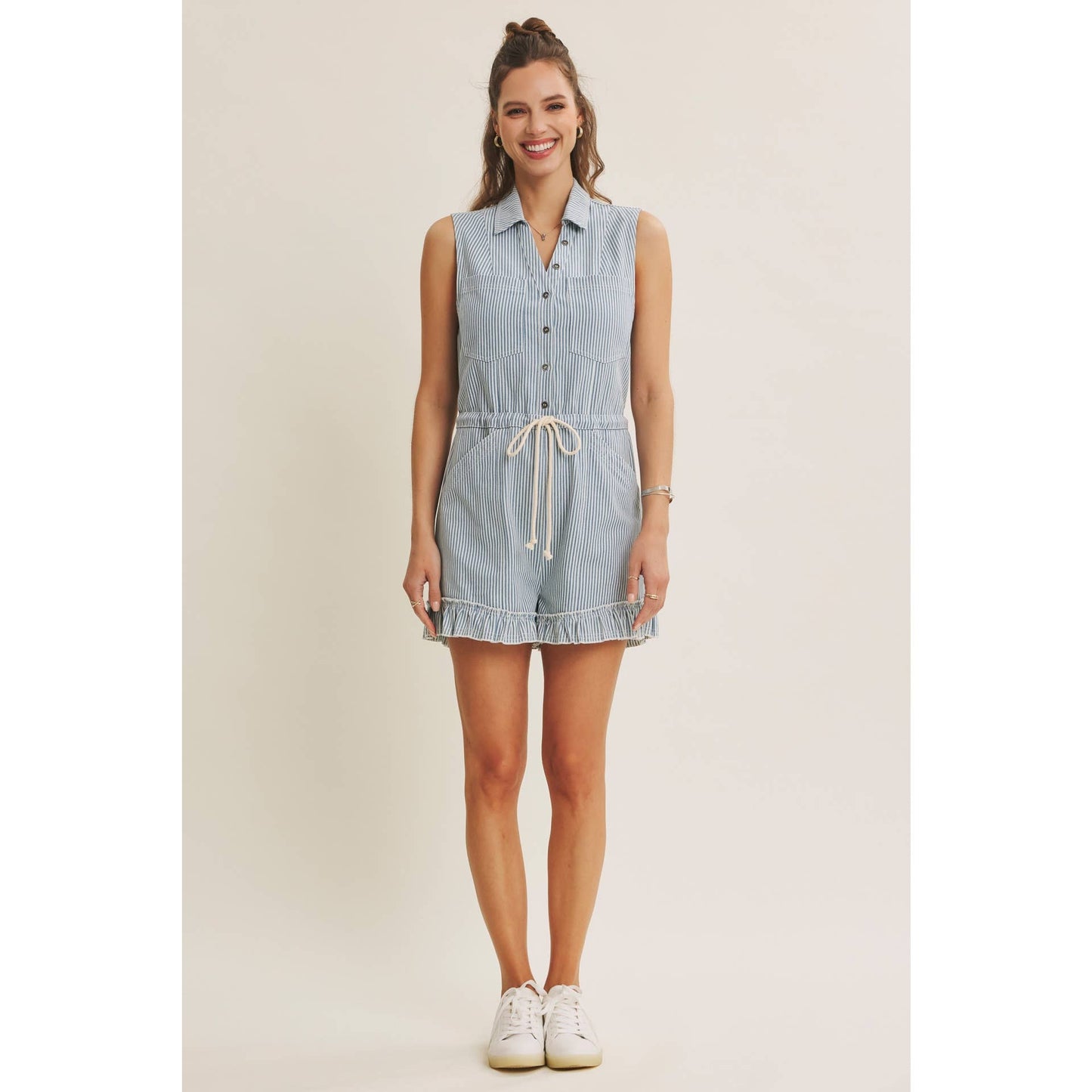 ACAPULCO SUN-FILLED DAYS BREEZY COTTON STRIPE BUTTON-FRONT ROMPER